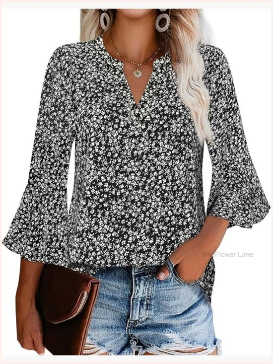 Tops - Ruffle 3/4 Sleeve V Neck Chiffon Tunic Blouse Business Work Top